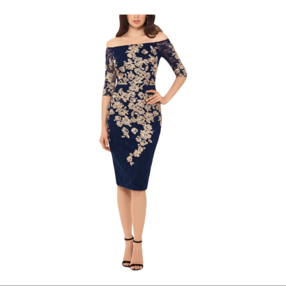NWT Xscape Navy Off Shoulder Evening Dress  Size 6